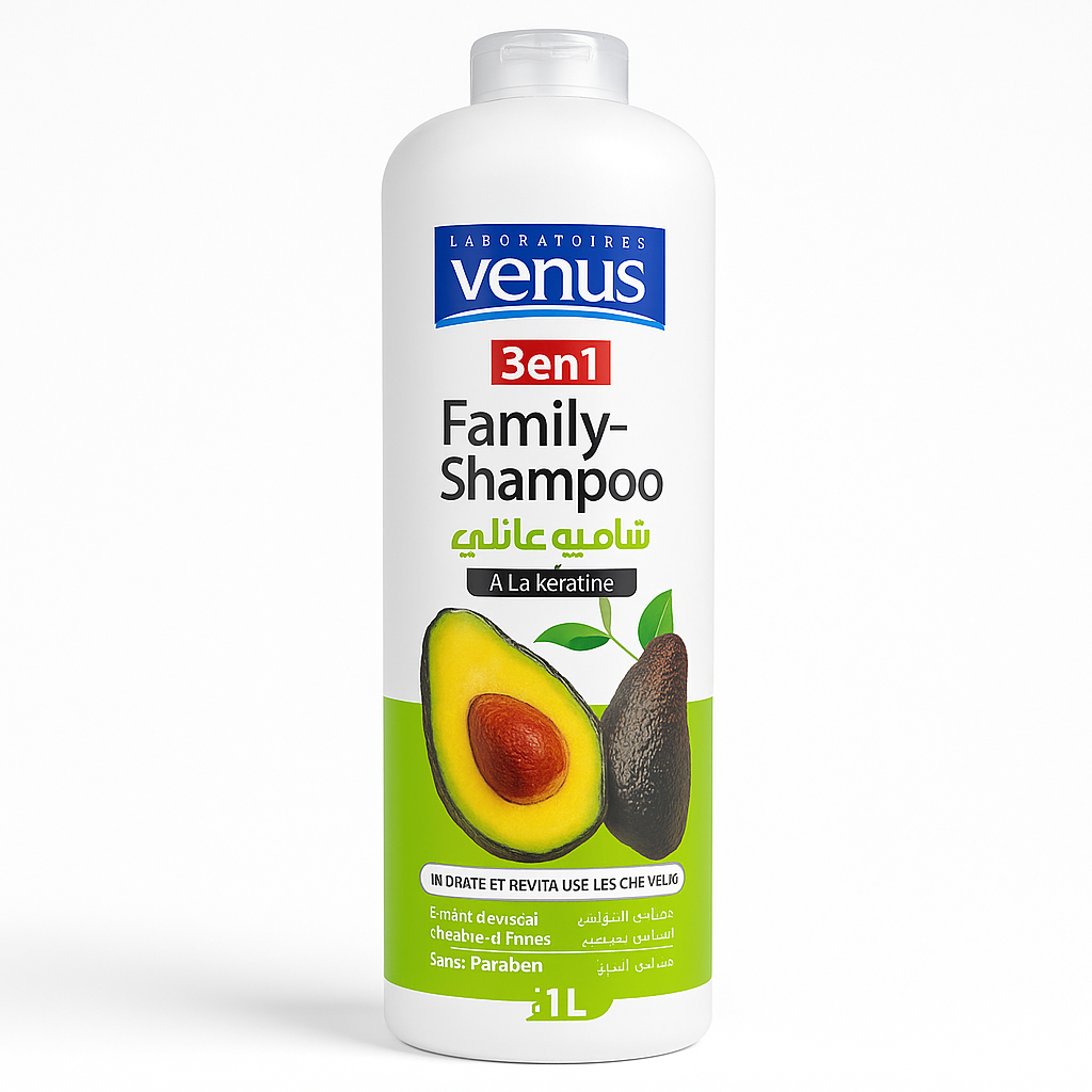 Shampooing Vénus Family 3 en 1 Kératine & Avocat 1 L – Cheveux Abîmés