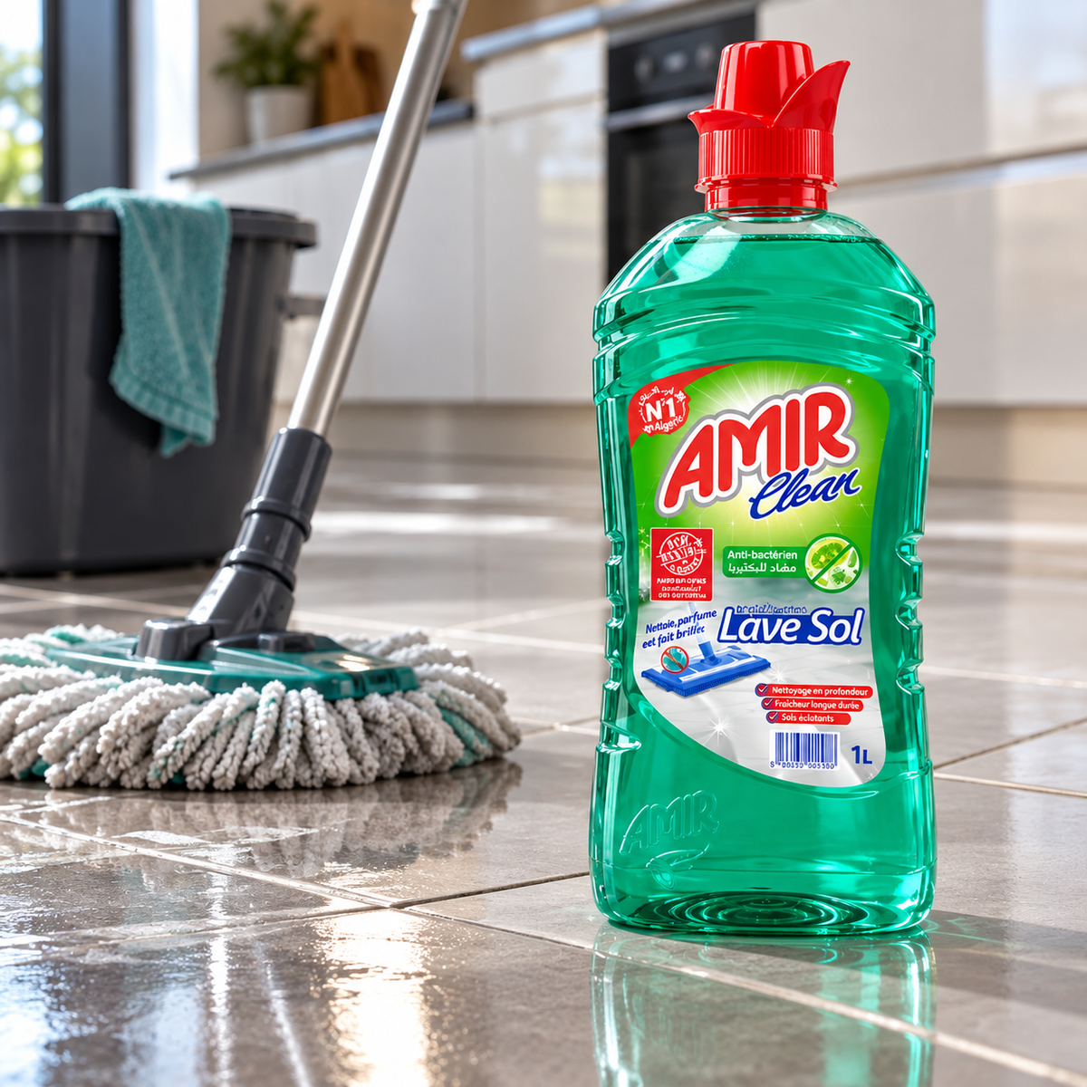 Amir Clean Anti-Bactérien 1 L en situation – nettoyage et désinfection des sols