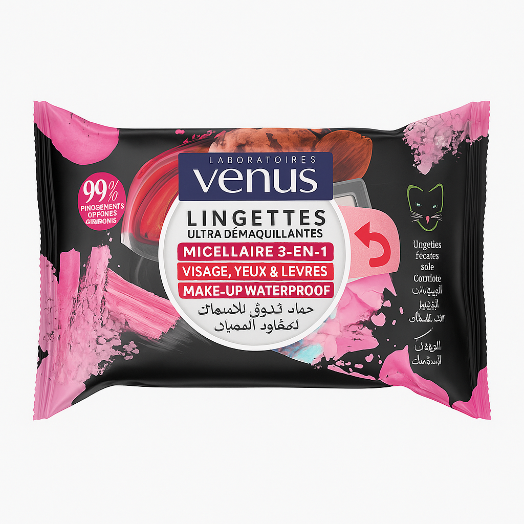 Lingettes Démaquillantes Micellaires Vénus 3 en 1 – 20 Lingettes