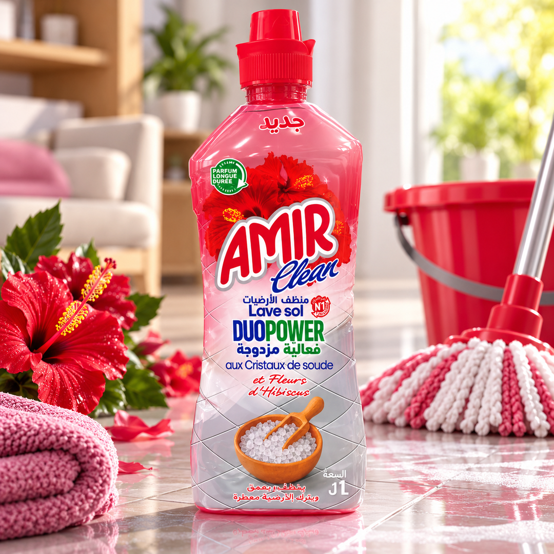 Amir Clean DuoPower cristaux de soude et fleurs d’hibiscus 1 L en situation sur sol carrelé