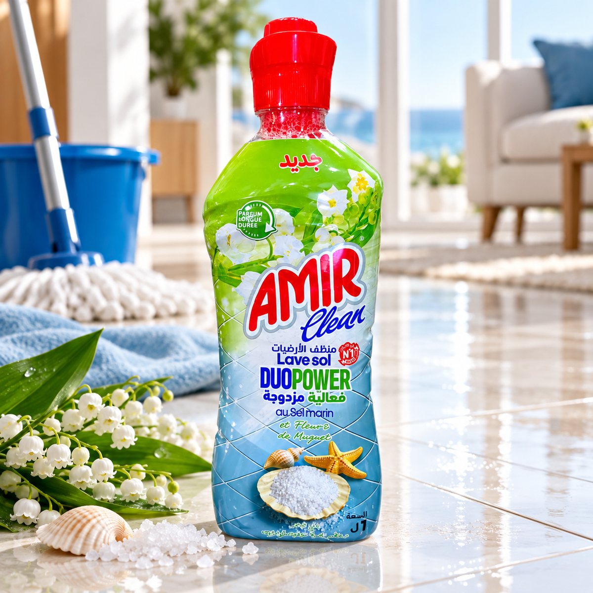 Amir Clean DuoPower Sel Marin & Fleurs de Muguet 1 L en mise en situation sur sol propre