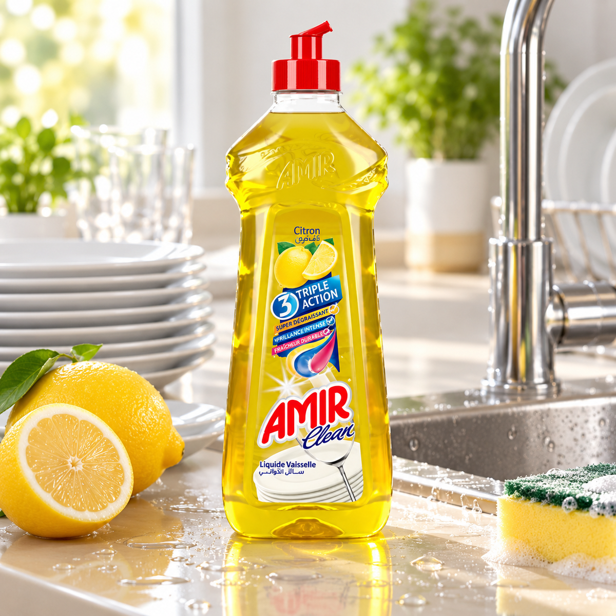 Amir Clean liquide vaisselle Citron 650 ml en situation près d’un évier