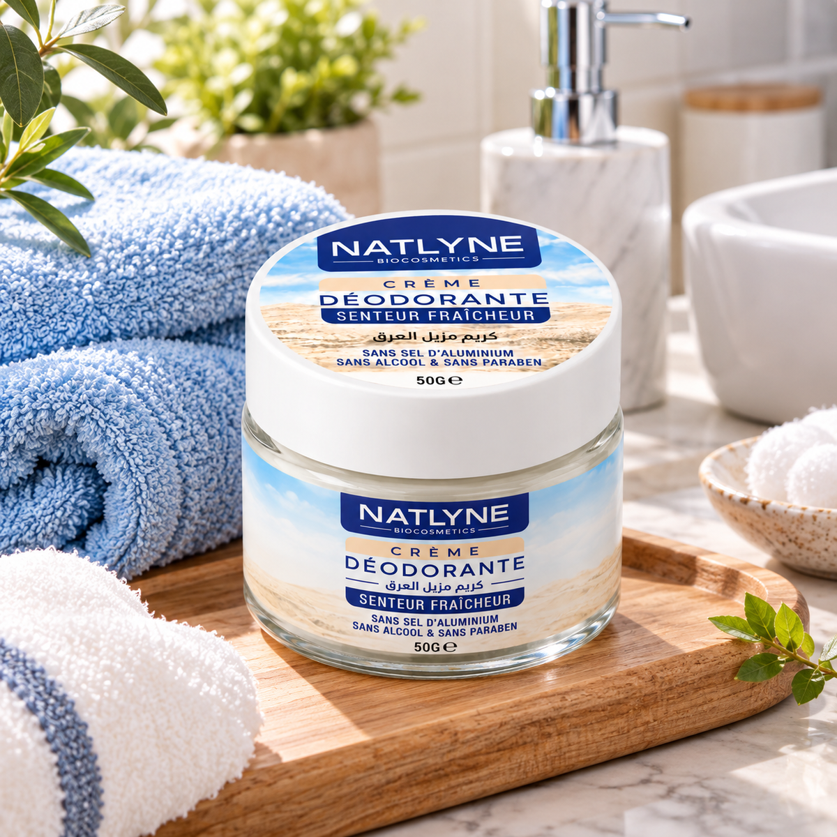 Crème déodorante Natlyne Fraîcheur 50 g sur un plateau dans une salle de bain