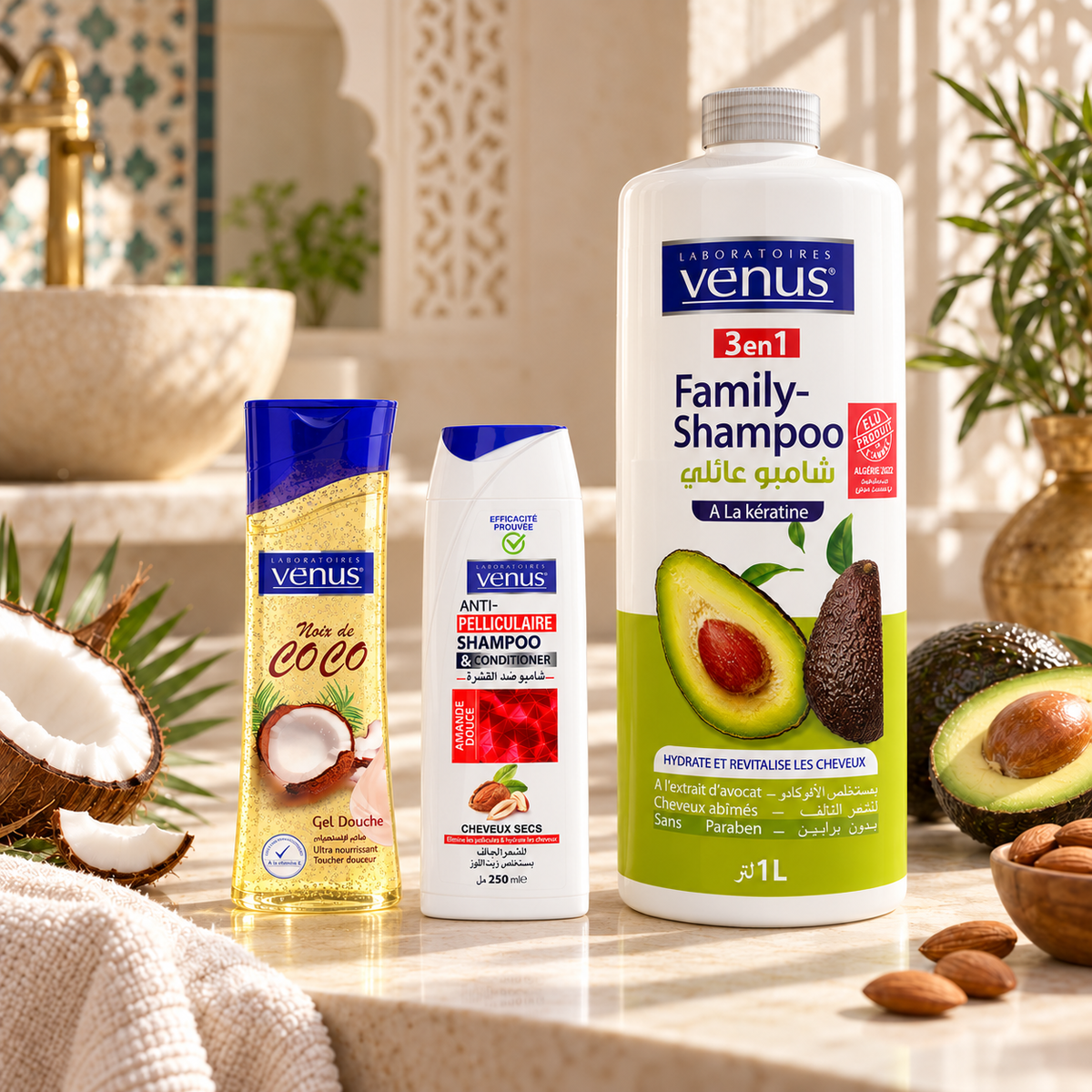 Pack Routine Douceur Vénus Avocat, Amande Douce et Coco en ambiance spa avec grand flacon 1 L et deux petits flacons proportionnés