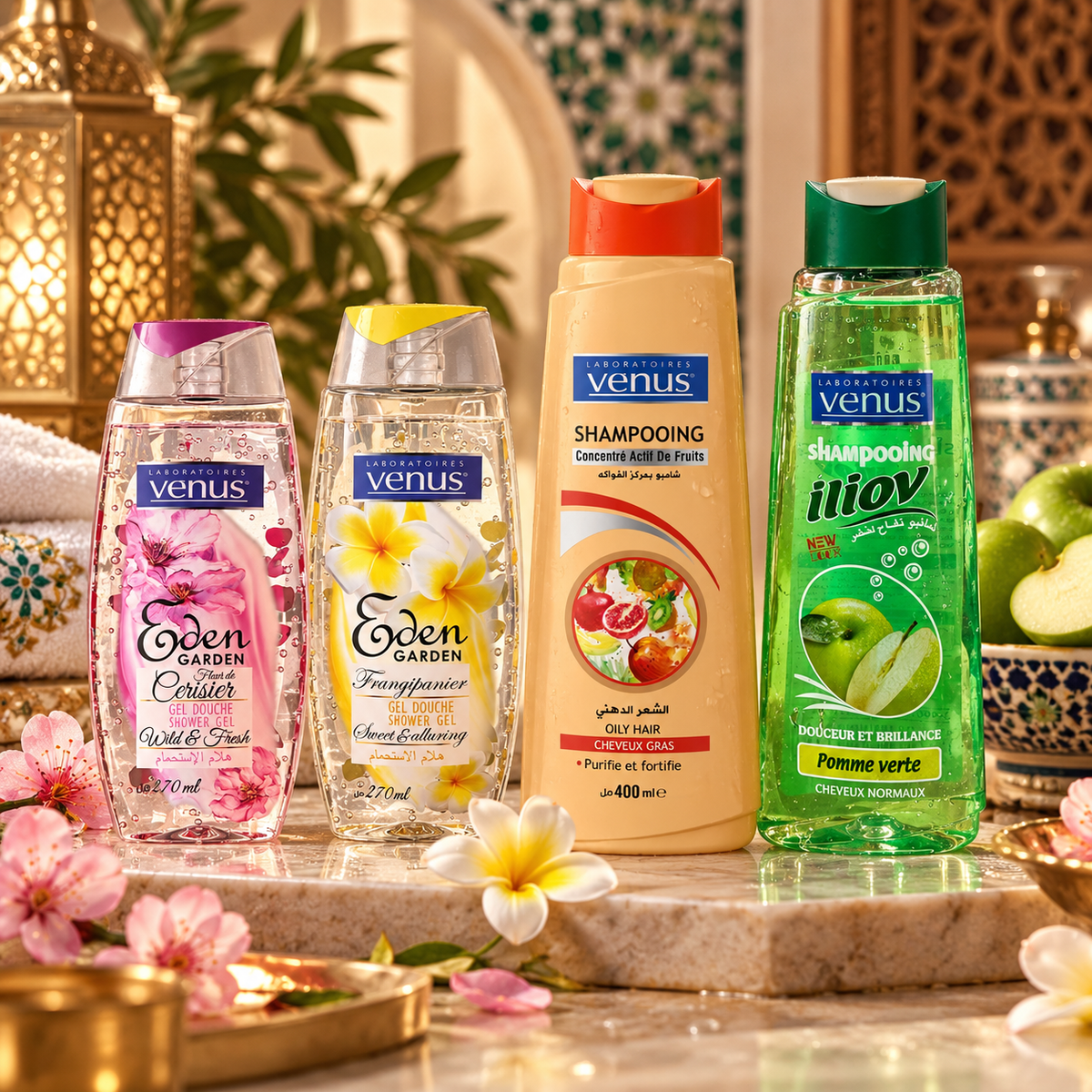 Quatre soins Vénus Pomme Verte Fruits Actifs Frangipanier et Fleurs de Cerisier dans une ambiance algérienne premium