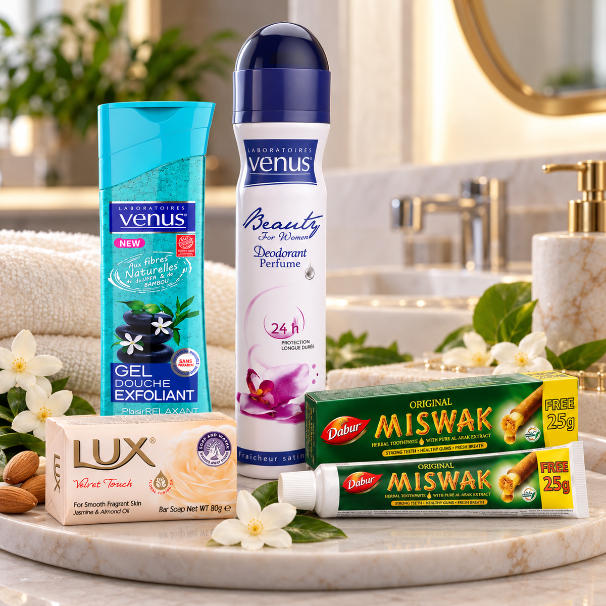 Pack hygiène quotidien Vénus, gel douche Luffa, déodorant Fraîcheur Satinée, savon LUX et dentifrice Dabur Miswak en salle de bain