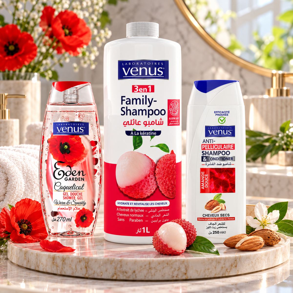 Pack Vénus Litchi, Amande Douce et Coquelicot sur plateau en marbre dans une salle de bain lumineuse