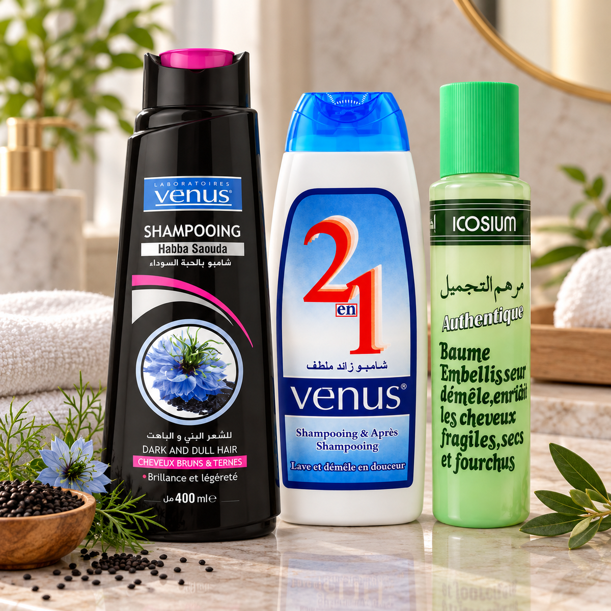 Pack capillaire Vénus Habba Saouda, shampoing 2 en 1 et baume ICOSIUM en mise en situation dans salle de bain