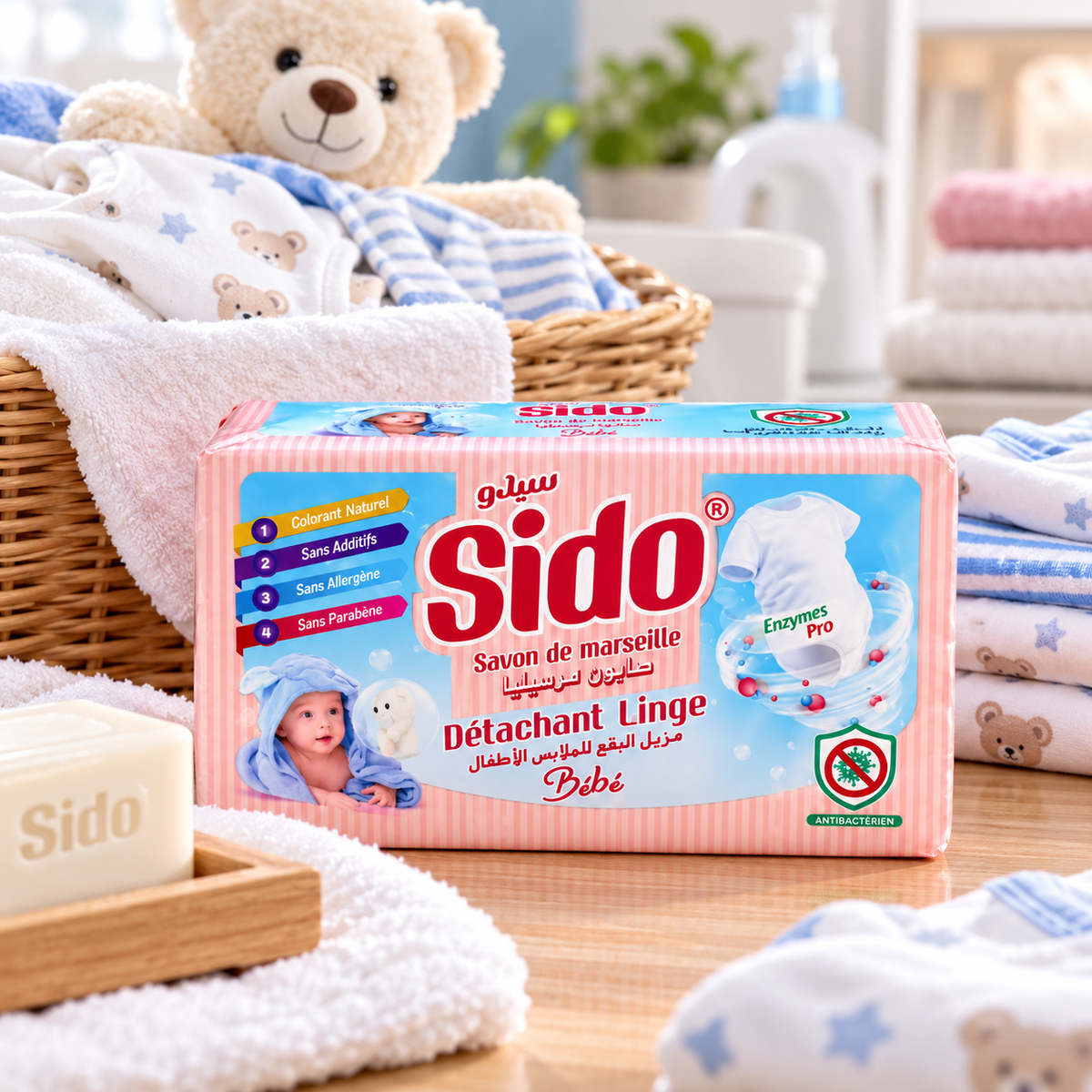Savon détachant SIDO Bébé en mise en situation avec du linge de bébé