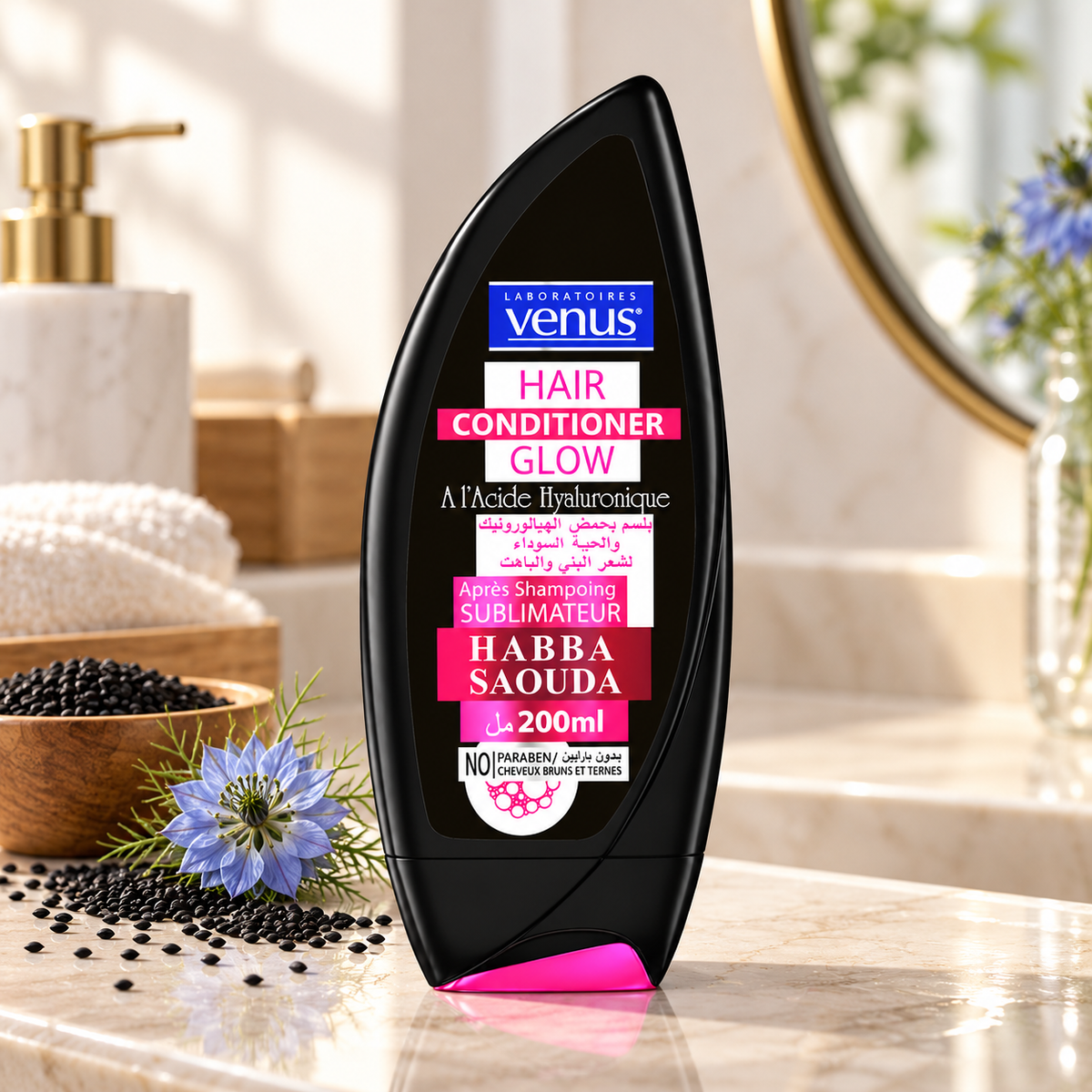 Après-shampoing Vénus Glow Habba Saouda acide hyaluronique 200 ml en mise en situation