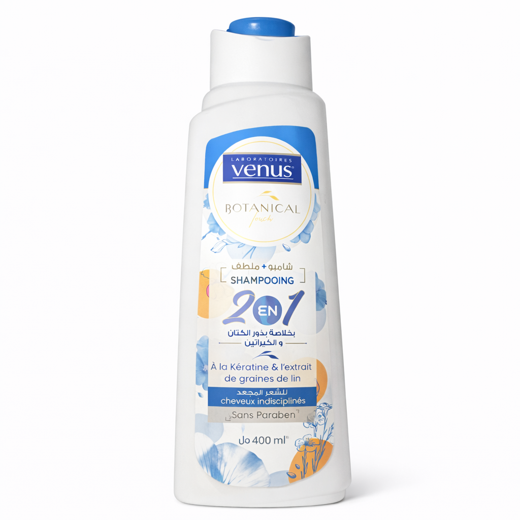 Shampoing Vénus Botanical Touch 2 en 1 Cheveux Indisciplinés Kératine & Graines de Lin 400 ml