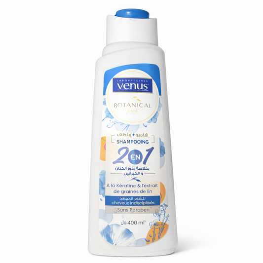 Shampoing Vénus Botanical Touch 2 en 1 Cheveux Indisciplinés Kératine & Graines de Lin 400 ml