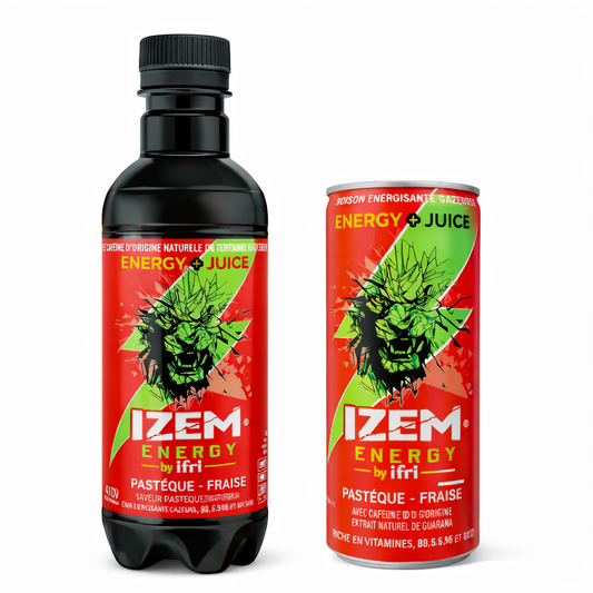 IZEM Energy Pastèque & Fraise – Boisson Énergisante Algérienne 25 cl & 33 cl