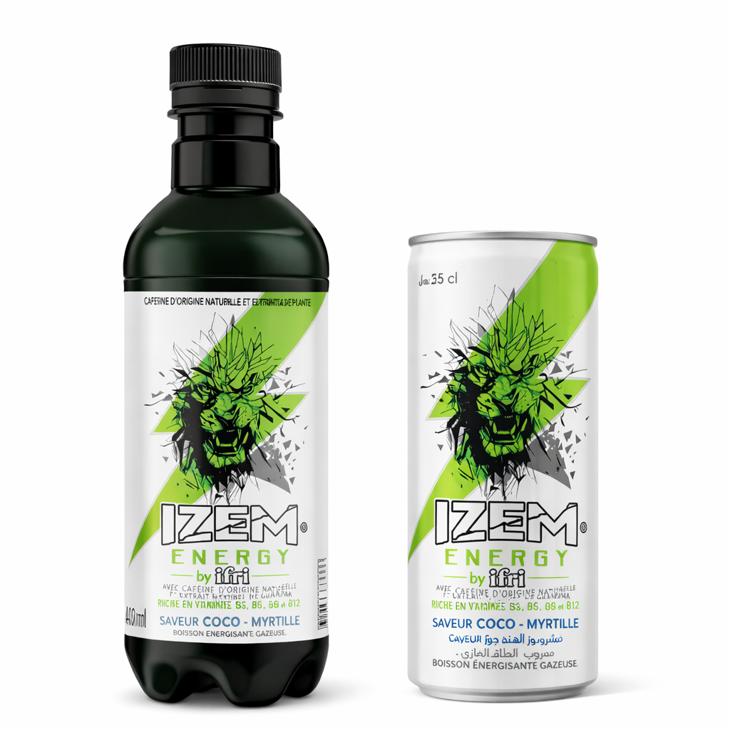 IZEM Energy Coco & Myrtille – Boisson Énergisante Algérienne 25 cl & 33 cl