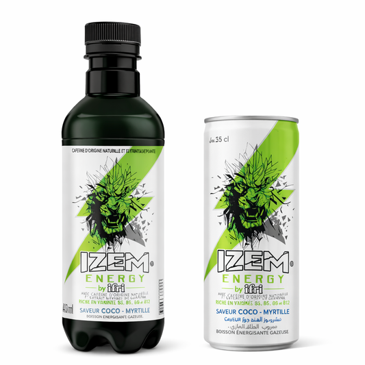 IZEM Energy Coco & Myrtille – Boisson Énergisante Algérienne 25 cl & 33 cl