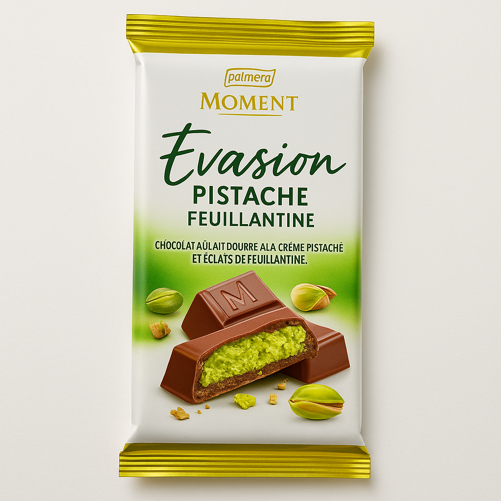 Tablette Moment Évasion Pistache Palmary 95 g – Chocolat au lait fourré à la pistache