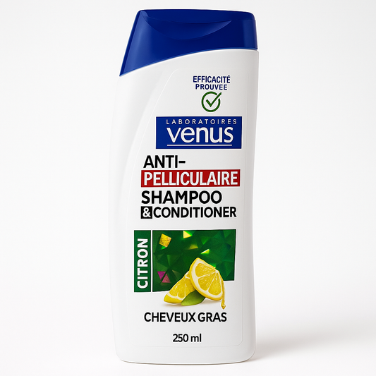 Shampoing Vénus Citron 250 ml 2-en-1 anti-pelliculaire pour cheveux gras