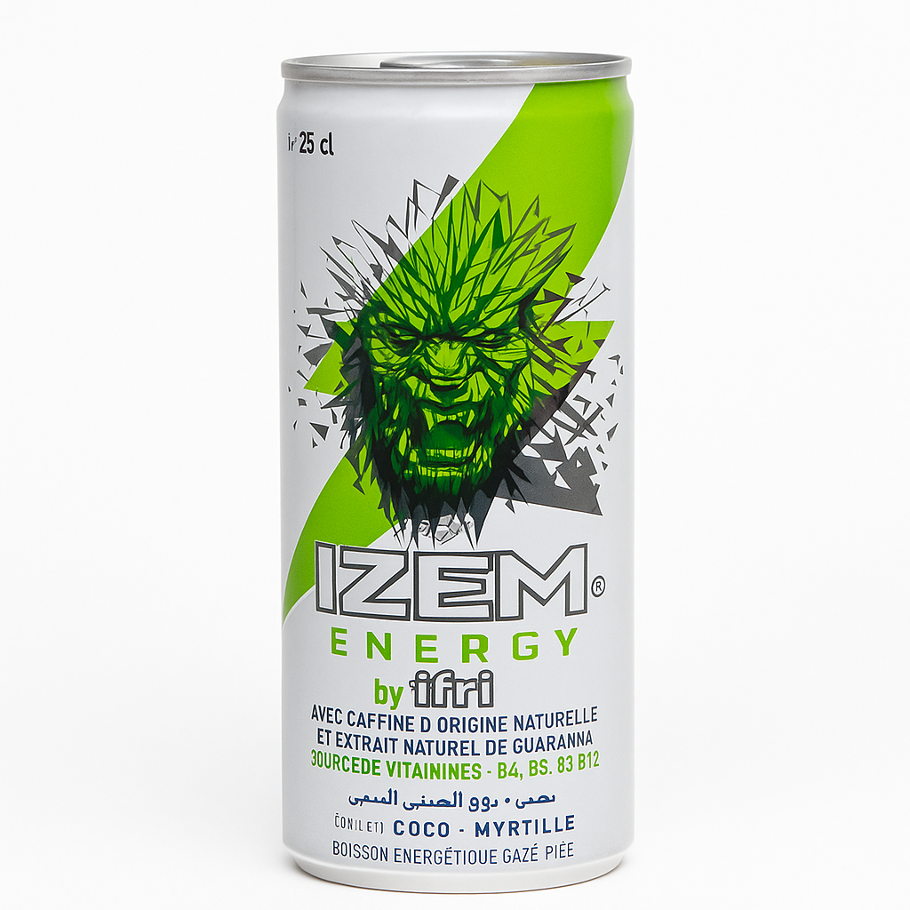 IZEM Energy Coco & Myrtille – Boisson Énergisante Algérienne 25 cl & 33 cl