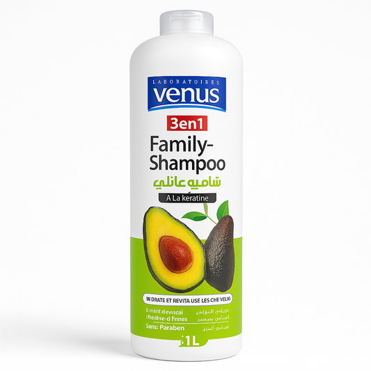 Shampooing Vénus Family 3 en 1 Kératine & Avocat 1 L – Cheveux Abîmés