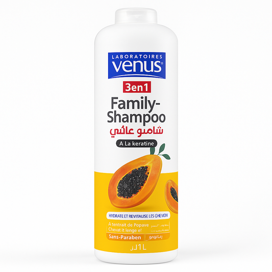 Shampooing Vénus Family 3 en 1 Kératine & Papaye 1 L – Cheveux Longs, Fragiles & Cassants