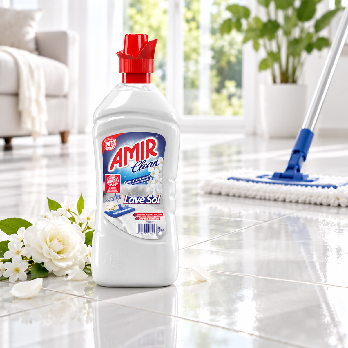 Amir Clean Fleur Blanche 1 L – lave-sol en utilisation avec serpillière