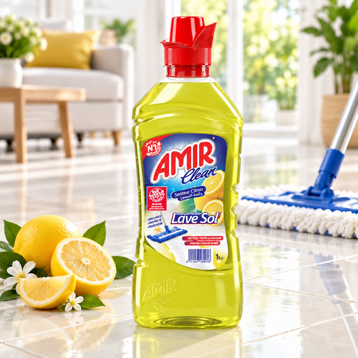 Amir Clean Citron 1 L – lave-sol parfum citron pour carrelage et sols lavables