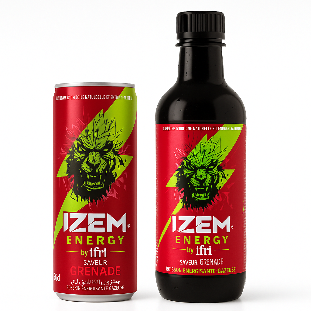 IZEM Energy Grenade – Boisson Énergisante Algérienne 25 cl & 33 cl