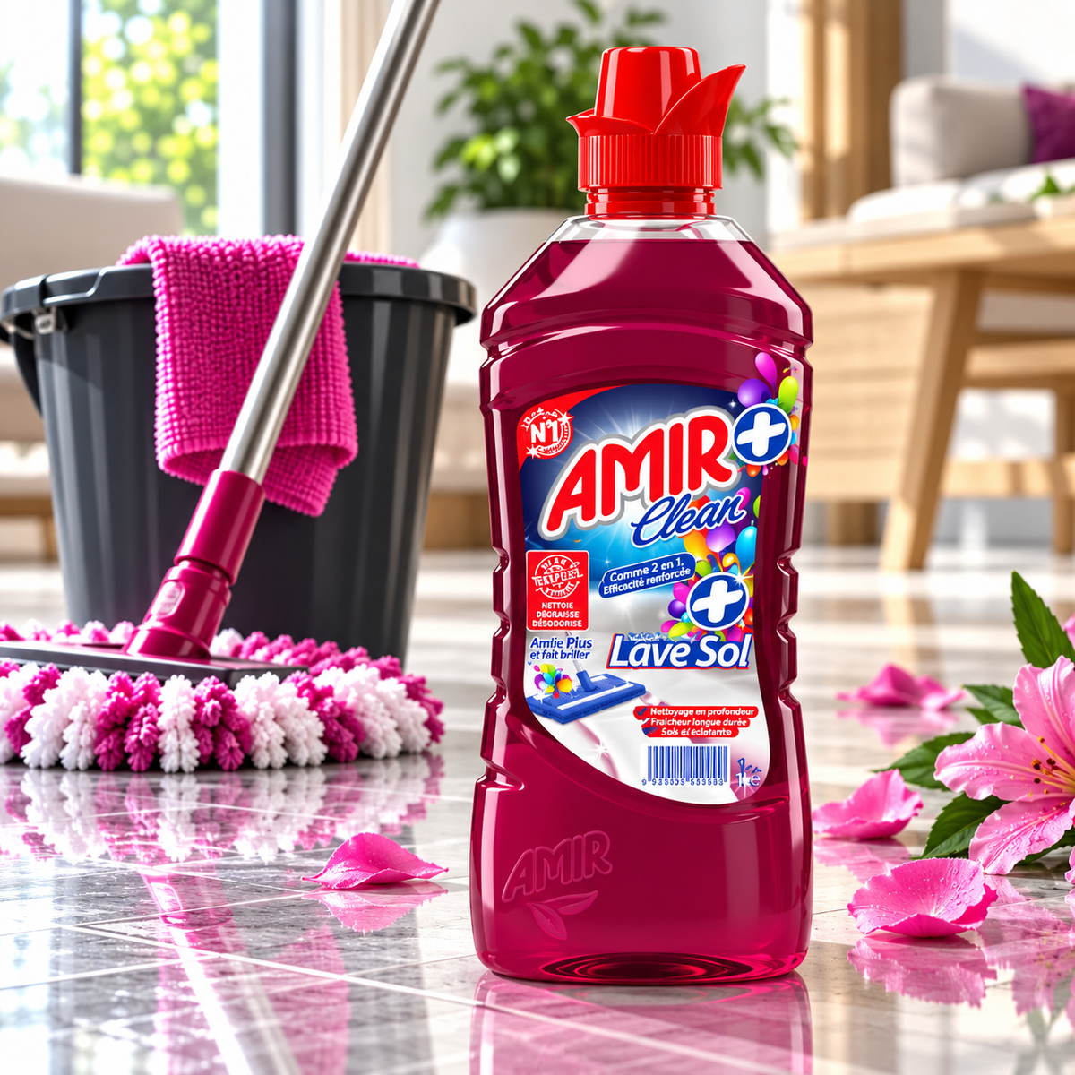 Amir Clean Amir Plus 1 L – lave-sol parfumé en situation de nettoyage