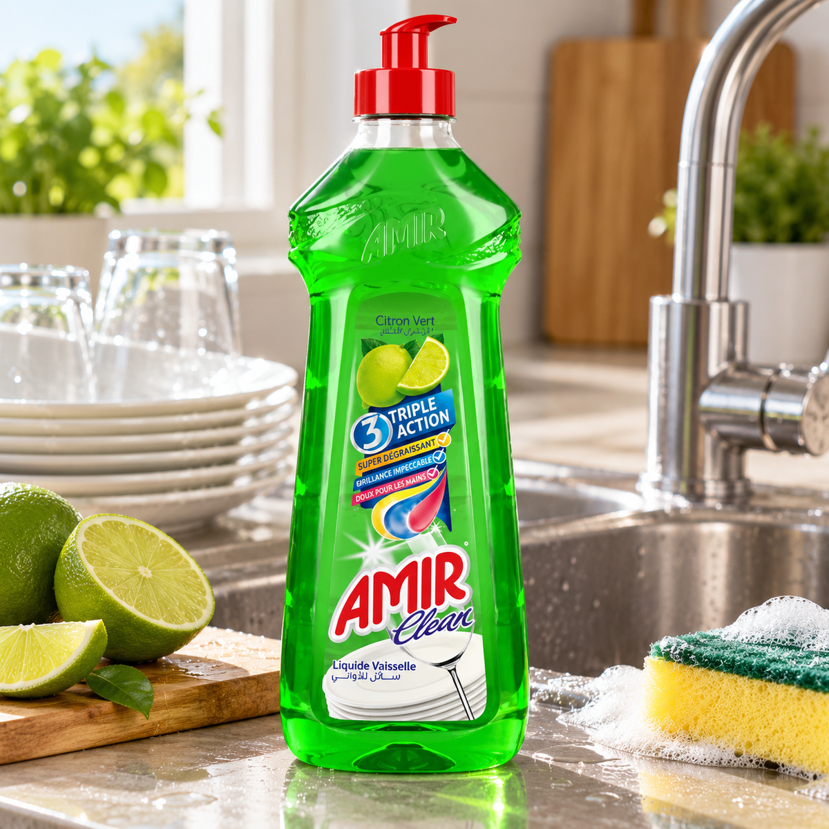 Amir Clean Citron Vert 650 ml – liquide vaisselle Triple Action en situation dans une cuisine