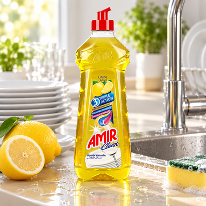 Amir Clean liquide vaisselle Citron 650 ml en situation près d’un évier