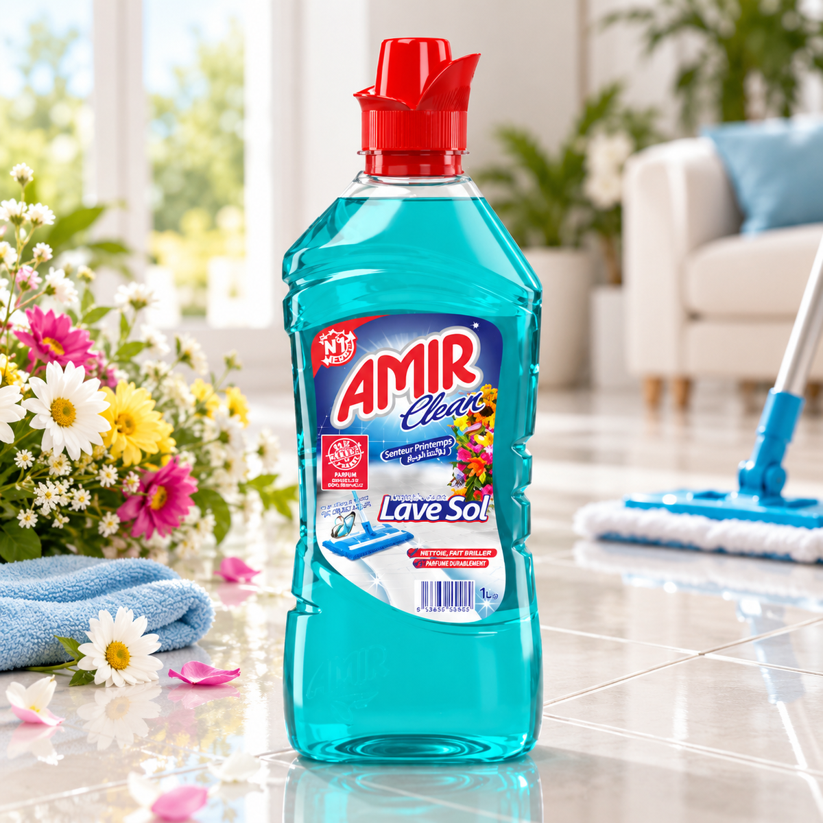Amir Clean Printemps 1 L lave-sol parfumé en mise en situation dans un intérieur propre