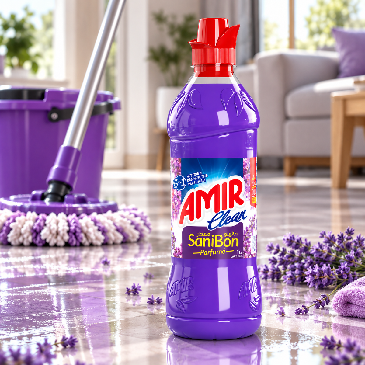 Amir Clean SaniBon Lavande 1 L en situation de nettoyage des sols