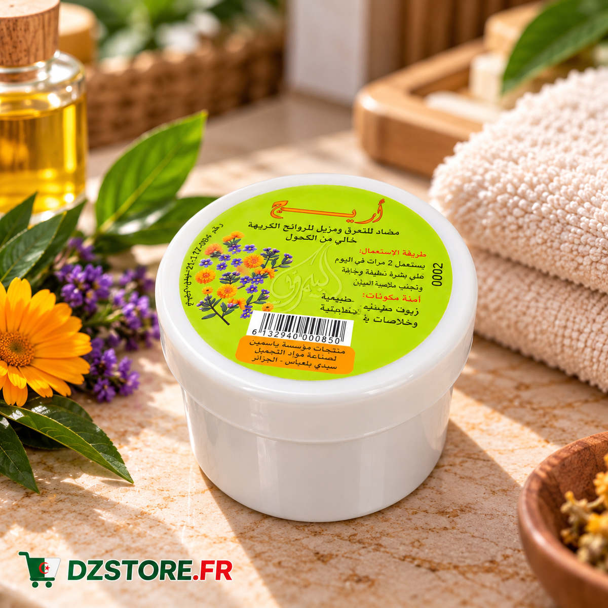 Déodorant Arèj au musc blanc dans une salle de bain, DZSTORE.FR