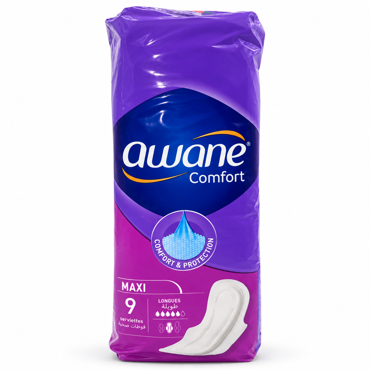 Awane Comfort Maxi Longues 9 serviettes hygiéniques fond blanc