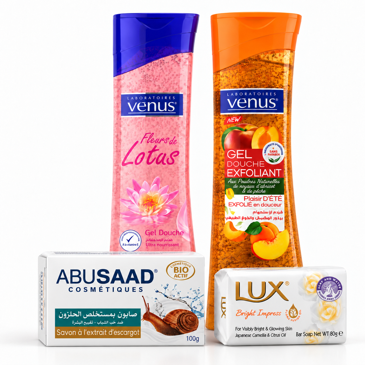 Pack ABUSAAD Savon Escargot 100 g, savon LUX Bright Impress 80 g et deux gels douche Vénus Fleur de Lotus et Pêche 240 ml sur fond blanc
