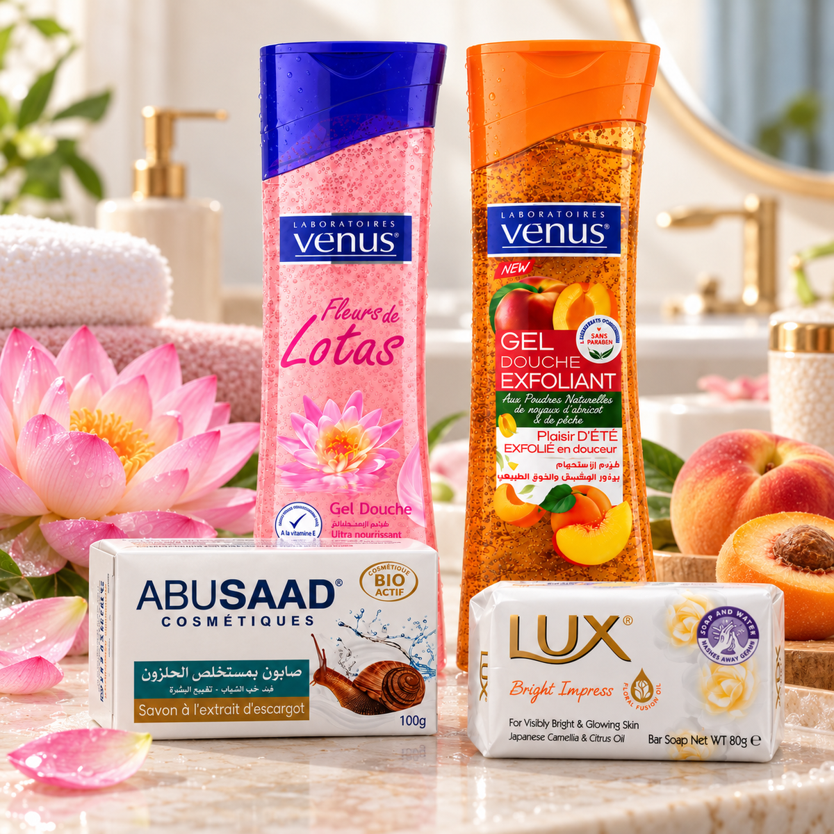 Pack ABUSAAD Escargot, LUX Bright Impress et deux gels douche Vénus Lotus et Pêche en ambiance de salle de bain