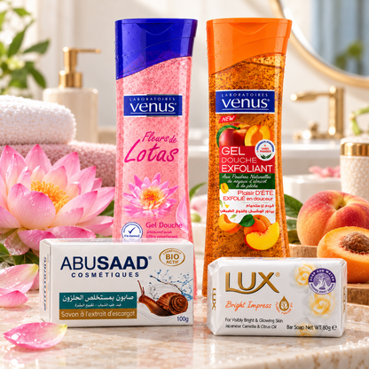Pack ABUSAAD Escargot, LUX Bright Impress et deux gels douche Vénus Lotus et Pêche en ambiance de salle de bain