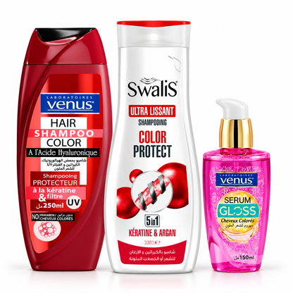 Pack Éclat Couleur Vénus Color Protect 250 ml, Swalis Color Protect 330 ml et sérum Gloss 150 ml, fond blanc