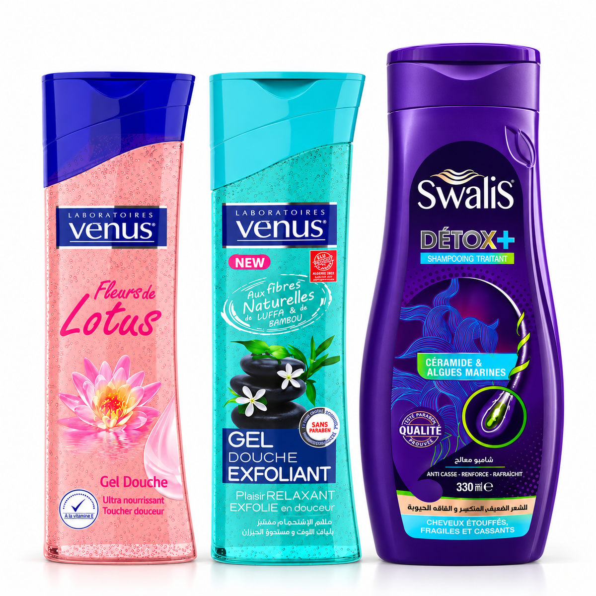 Pack Swalis Détox+ 330 ml et gels douche Vénus Fleur de Lotus et Luffa Bambou 240 ml sur fond blanc