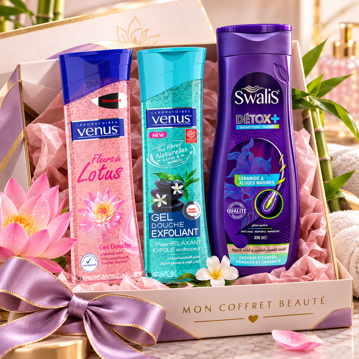 Trois soins Swalis Détox+, Vénus Lotus et Luffa Bambou dans une présentation cadeau illustrative, coffret non inclus