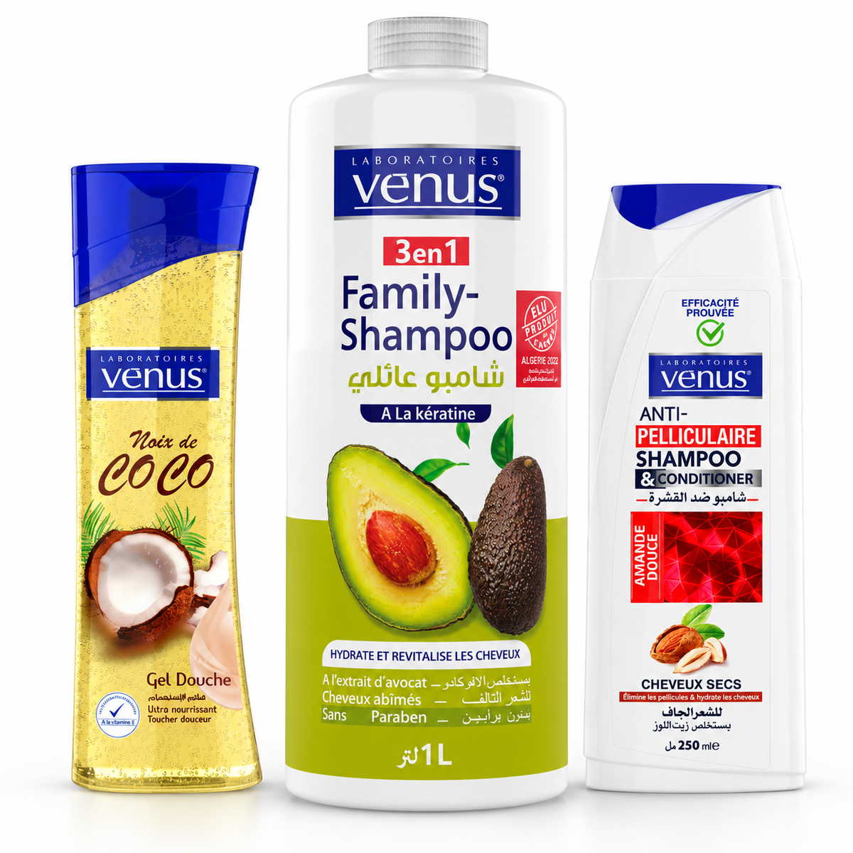 Pack Vénus avec shampoing Family Kératine Avocat 1 litre, shampoing Amande Douce 250 ml et gel douche Noix de Coco 240 ml sur fond blanc