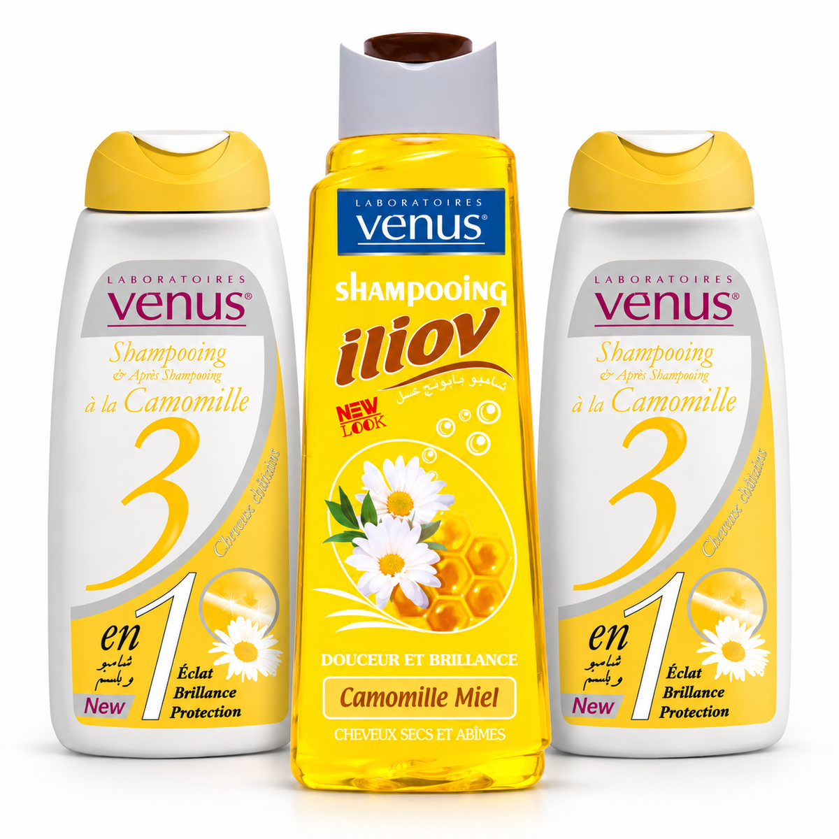 Pack Vénus Camomille Miel avec un shampoing Iliov 400 ml et deux shampoings 3 en 1 Camomille 250 ml sur fond blanc