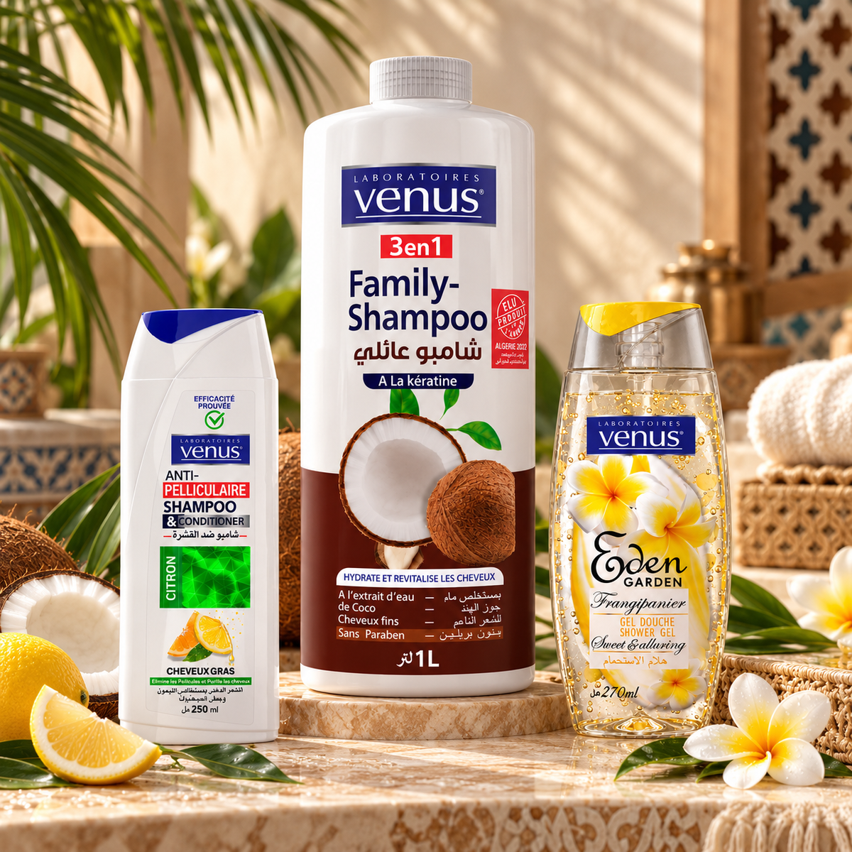 Pack Routine Tropicale Vénus Coco 1 litre, Citron et Frangipanier avec produits proportionnés dans un spa méditerranéen