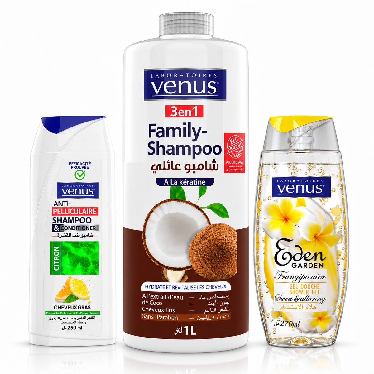 Pack Vénus Coco 1 litre, shampoing antipelliculaire Citron 250 ml et gel douche Frangipanier 270 ml sur fond blanc, grand flacon Coco plus haut