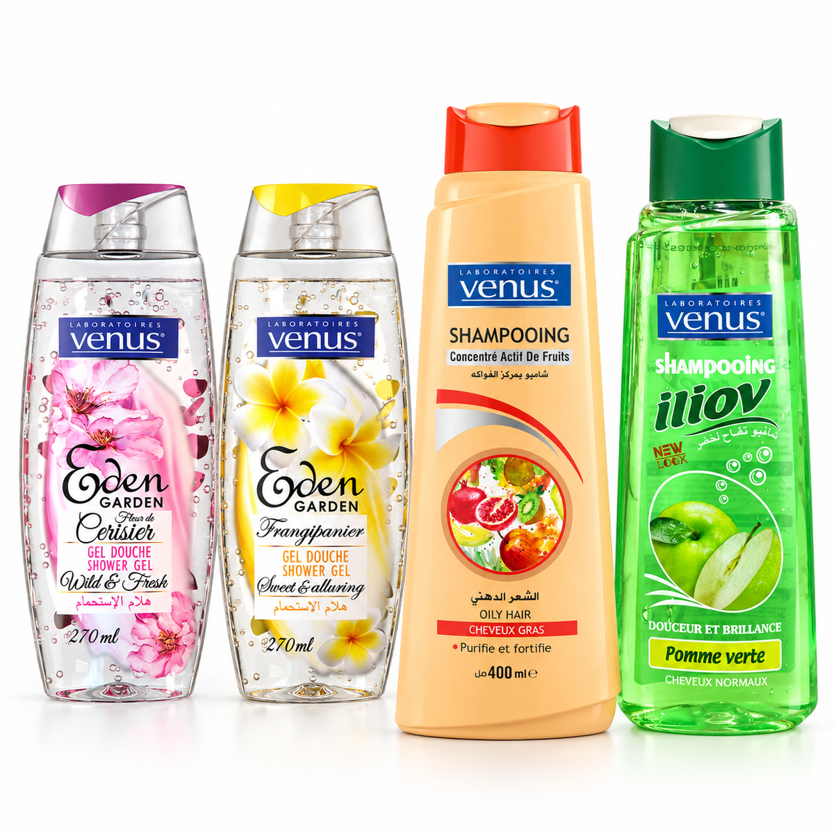 Pack Vénus deux shampoings Pomme Verte et Fruits Actifs 400 ml et deux gels douche Eden Garden Frangipanier et Fleurs de Cerisier 270 ml sur fond blanc