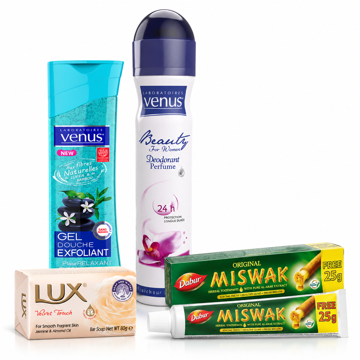 Pack hygiène Vénus Luffa et Bambou 240 ml, déodorant Beauty Floral 200 ml, savon LUX Velvet Touch 80 g et dentifrice Miswak 100 g sur fond blanc