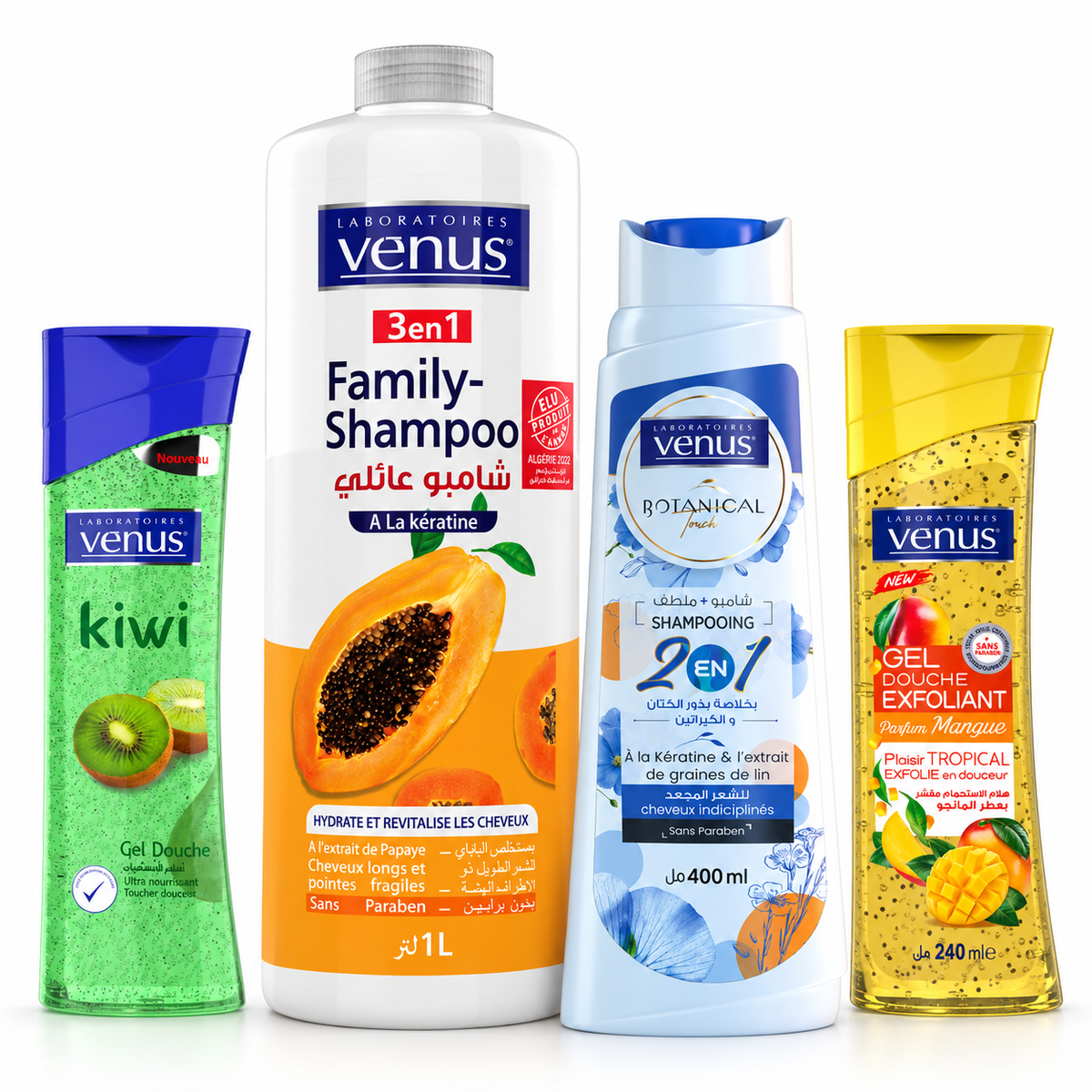 Pack Vénus Routine Kératine avec shampoing Family Papaye 1 L, Botanical Lin 400 ml, gel douche Kiwi et Mangue 240 ml sur fond blanc