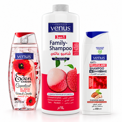 Pack Vénus shampooing Litchi 1 L, shampooing antipelliculaire Amande Douce 250 ml et gel douche Coquelicot 270 ml sur fond blanc