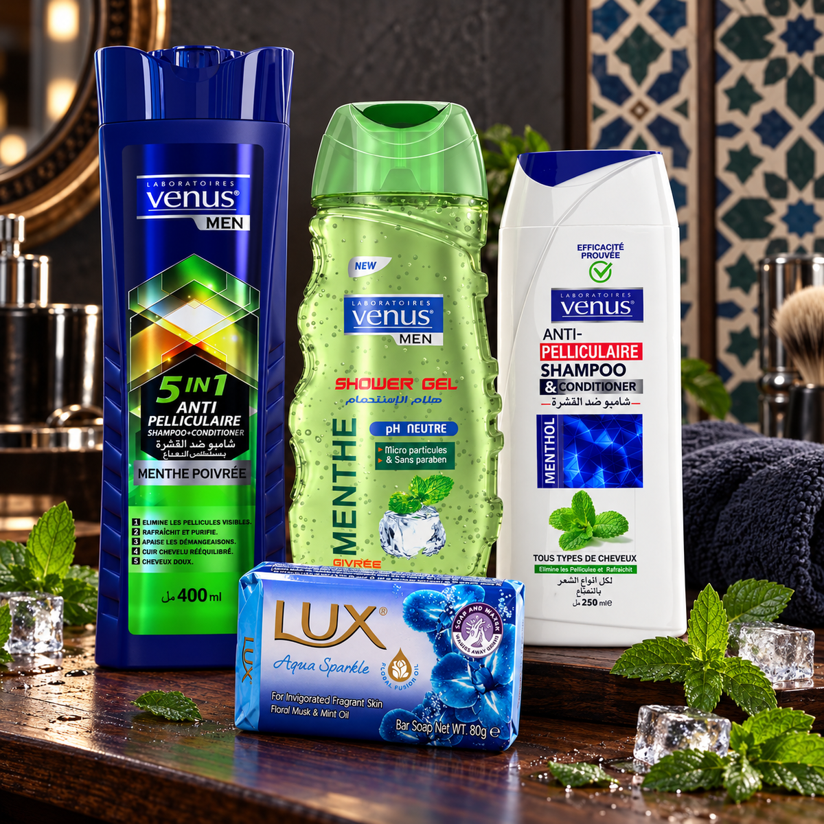 Pack routine homme Vénus à la menthe et savon LUX Aqua Sparkle dans une salle de bain masculine