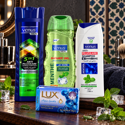 Pack routine homme Vénus à la menthe et savon LUX Aqua Sparkle dans une salle de bain masculine